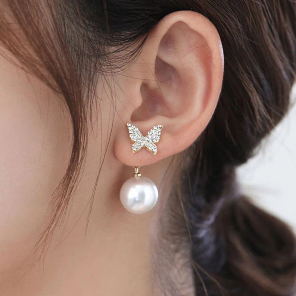 💎122💎 Goldtone‎ Diamond Butterfly Pearl Earrings - Picture 3 of 16